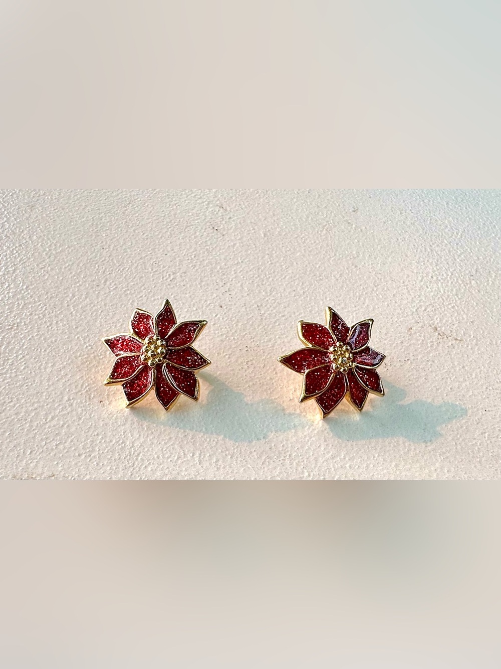 Avon Red Poinsettia Stud Earrings with Gold Trim